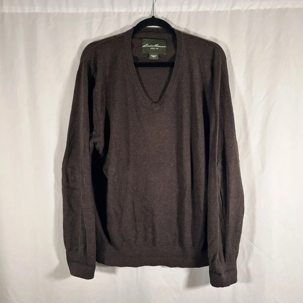 Eddie Bauer Sweater Men's Large Brown Vneck Cashmere Blend Long Sleeve Pullover